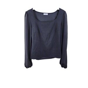 Petite Assembly Womens SP Black Semi Sheer Long Sleeve Square Neck Blouse